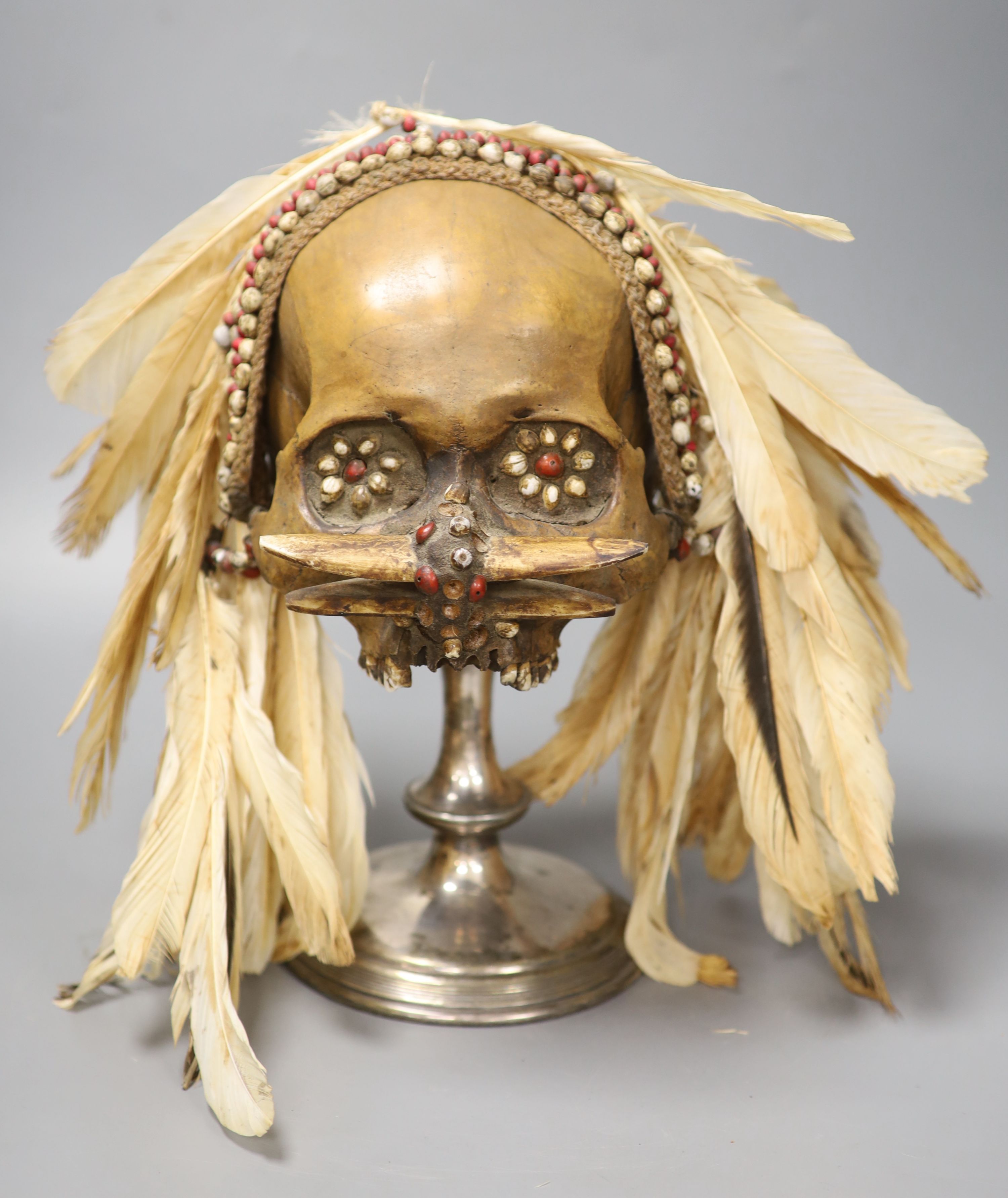 An Asmat ancestral skull, with beaded eyes and feather head-dress on stand